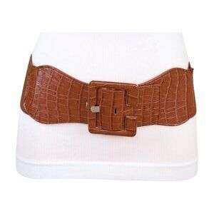 New Women Brown Wide Elastic Band Fashion Belt Hip Waist Big Square Buckle S M
